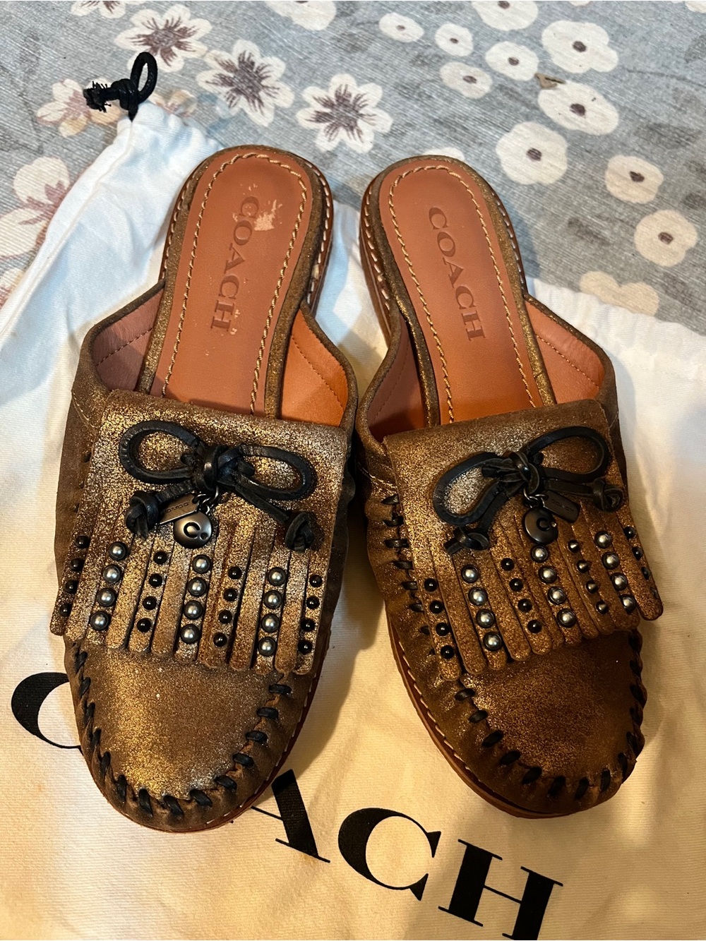 COACH Metallic Brown Studded Fringe Slip-On Mules size 6us new no box